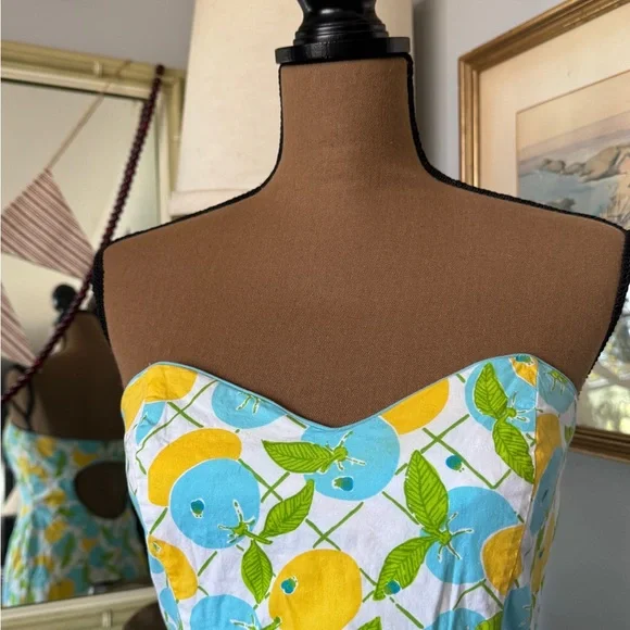 Vintage Lilly Strapless Lemon & Blueberries Print Cotton Dress - Picture 4 of 6